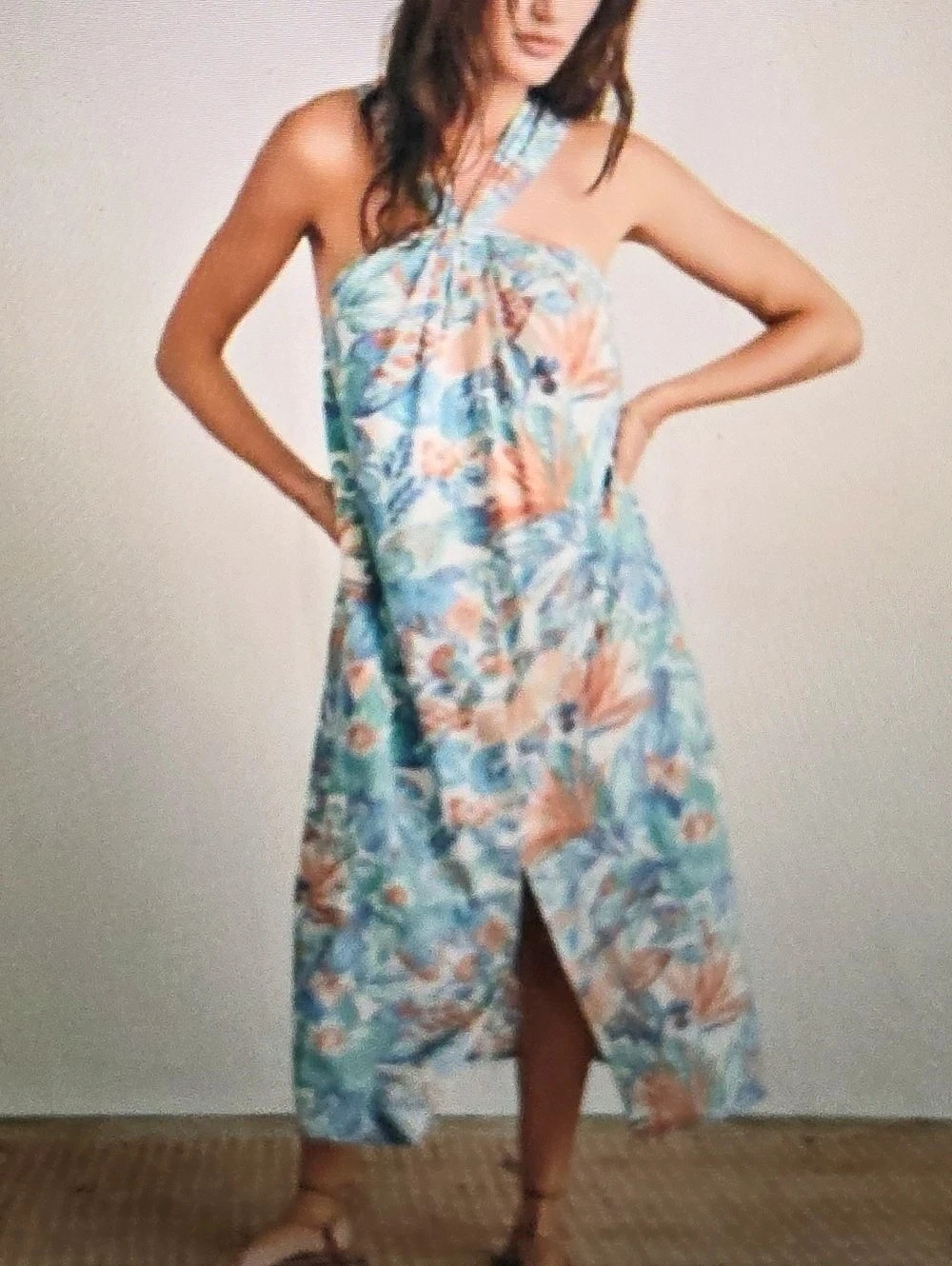 Faherty Twist Dress Floral Midi Dress in Blue & Orange Size Medium NWT